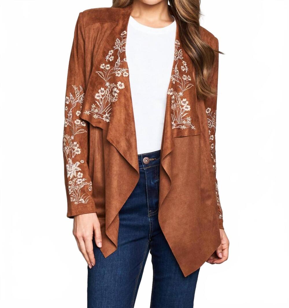 NEW PAPARAZZI faux suede embroidered open front short jacket in saddle